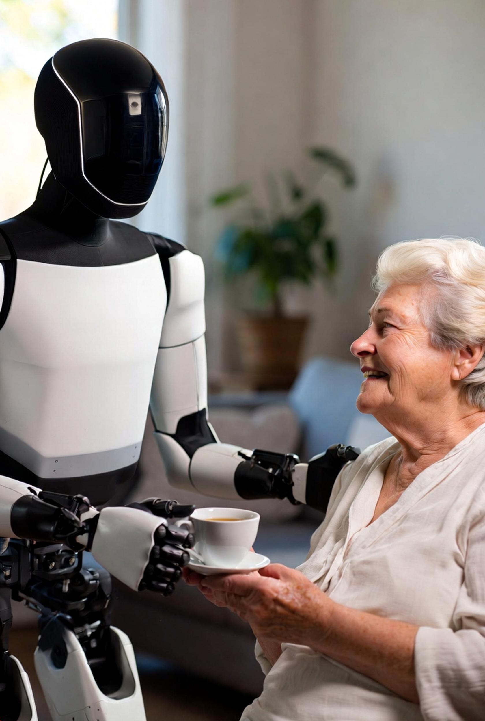Humanoid robot serving tea to a smiling elderly woman