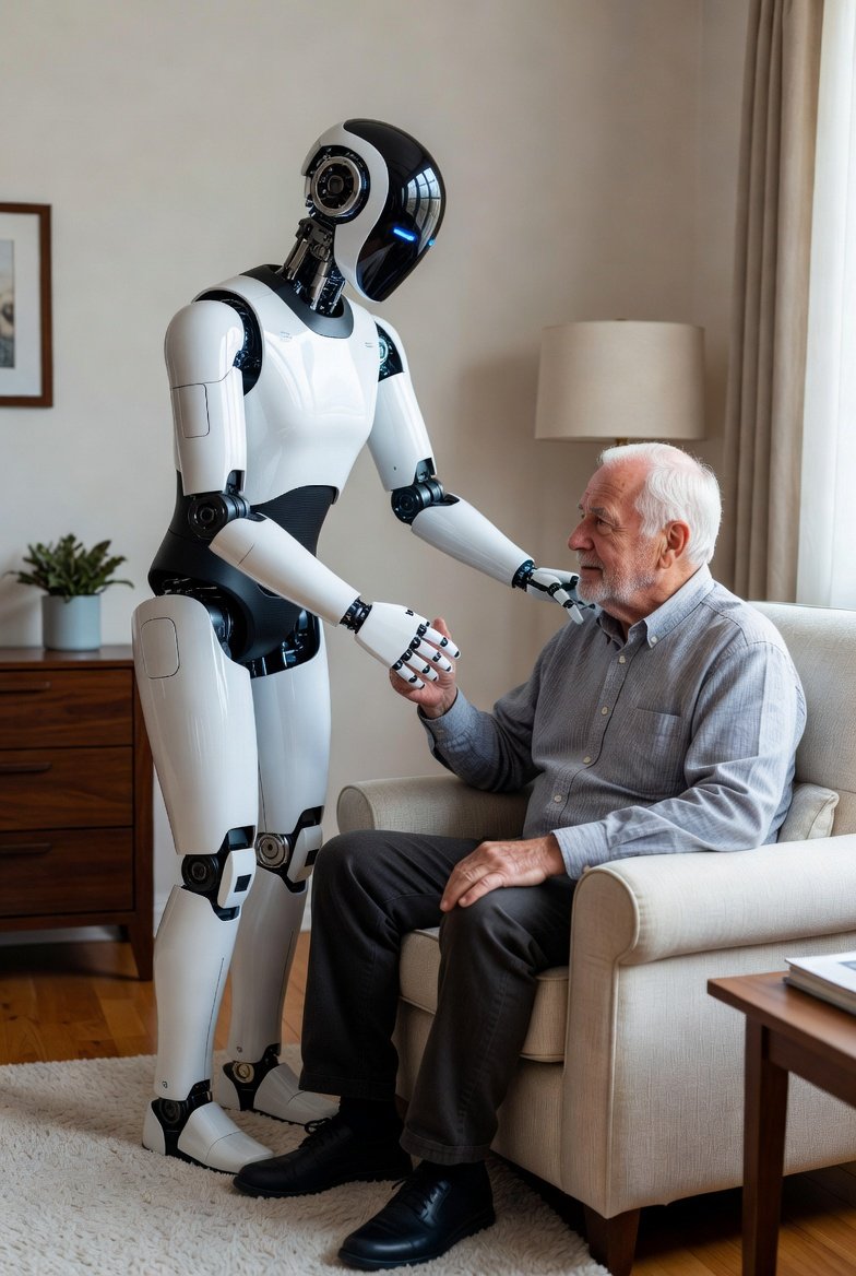 Humanoid robot connecting with elderly man in his home